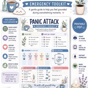 Könnte beinhalten: Ein druckbarer Panic Attack Emergency Toolkit Leitfaden mit sieben Abschnitten für Erdung, Box-Breathing und Selbstfürsorge. Das Dokument enthält Illustrationen von Lavendel, einer Kaffeetasse, einer Topfpflanze und einer Kerze mit Text.
