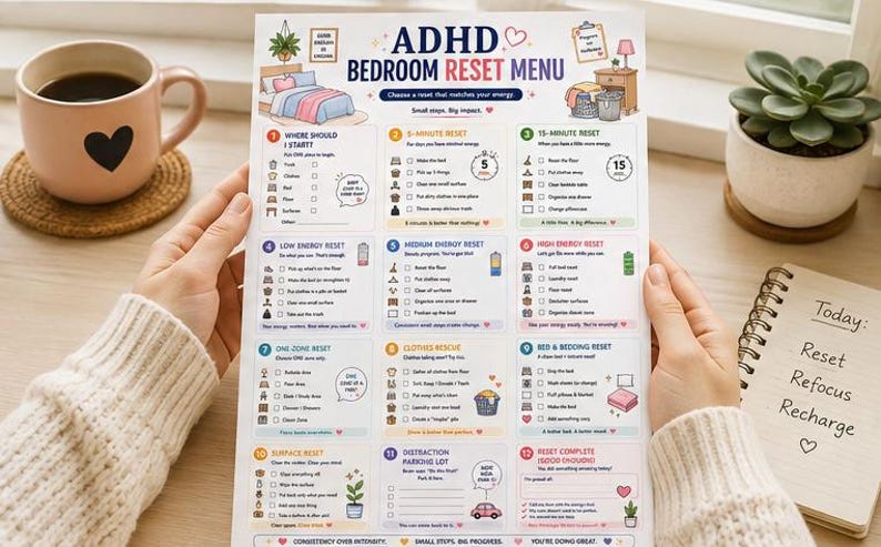 May include: A white paper checklist titled ADHD BEDROOM RESET MENU featuring twelve numbered sections with icons and text for organizing a room. The document includes categories like 5-Minute Reset, Clothes Rescue, and Bed & Bedding Reset with checkboxes for tracking tasks.