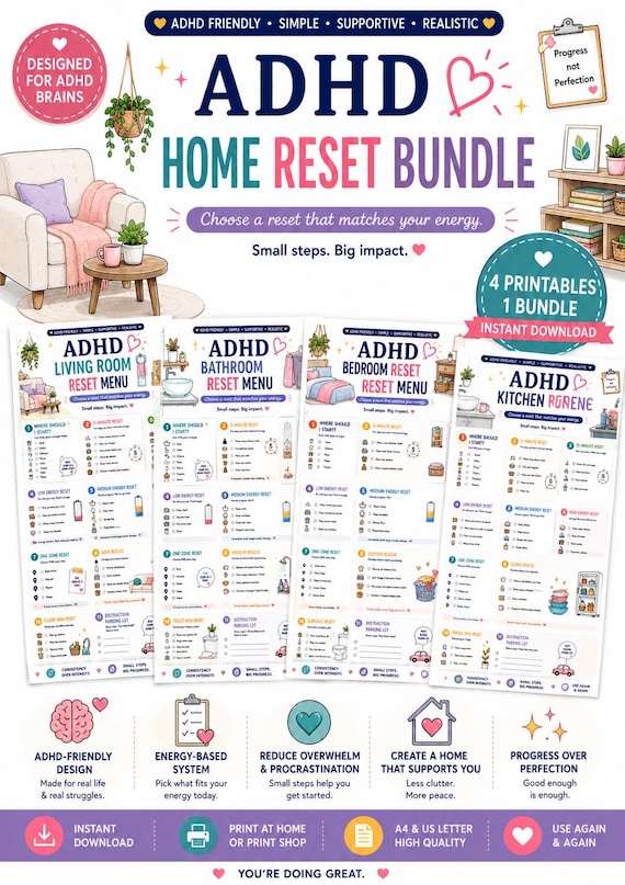 ADHD Home Reset Menu Bundle | Energy-Based Cleaning Checklists (Digital Download)