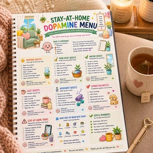 May include: A spiral-bound planner page titled Stay-at-Home Dopamine Menu featuring colorful illustrations and checklists for daily wellness. The page includes sections for morning, home, nature, cozy, movement, and connection boosts with icons.