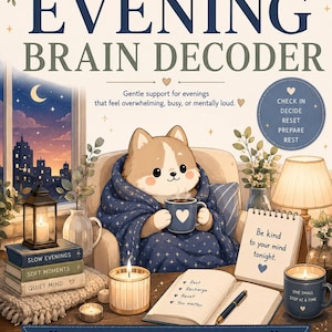 Può includere: Un poster intitolato EVENING BRAIN DECODER raffigurante un cane dei cartoni animati avvolto in una coperta con motivo a stelle che tiene una tazza. La scena include libri, candele, un taccuino con il testo Be kind to your mind tonight e una finestra.