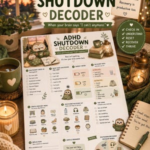May include: A white paper chart titled ADHD SHUTDOWN DECODER with green text and illustrations of owls. It includes sections for a shutdown check-in, energy meter, recovery path, gentle restart menu, recovery kit, tiny wins, and a decision wheel.