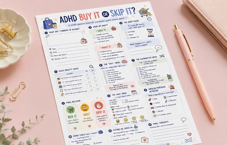 May include: A white paper decision sheet titled ADHD BUY IT OR SKIP IT with colorful icons and sections for tracking purchases. The document includes numbered steps, checkboxes, and prompts to evaluate spending habits, all printed in a clear, legible font.