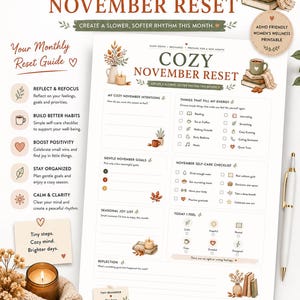 Op de afbeelding: Een printbare Cozy November Reset plannerpagina met secties voor intenties, zelfzorg-checklists en seizoensdoelen. Het document bevat illustraties van mokken, kaarsen en herfstbladeren, met tekstprompts voor reflectie en gewoonte-tracking.