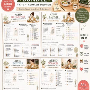 May include: A digital ADHD meal decision bundle featuring four printable kits for breakfast, lunch, dinner, and snacks. Each page includes checklists for energy levels, time availability, and food needs, with various meal options and illustrations.