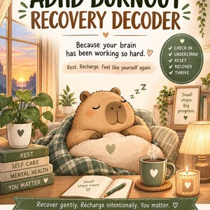 May include: A digital poster titled ADHD BURNOUT RECOVERY DECODER featuring a sleeping capybara in a cosy room. Text includes Gentle Recovery for Tired ADHD Minds, Because your brain has been working so hard, and Rest. Recharge. Feel like yourself again.