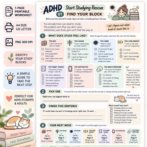 May include: A printable ADHD study worksheet titled Start Studying Rescue Find Your Block. The document features sections to identify study obstacles, checkboxes for common challenges, a sentence completion prompt, and a guide for next steps.