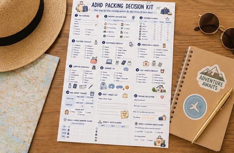 May include: A white paper sheet titled ADHD PACKING DECISION KIT featuring twelve numbered sections with checklists, icons, and text for travel organization. The document includes categories for trip overview, clothing, electronics, and medication.