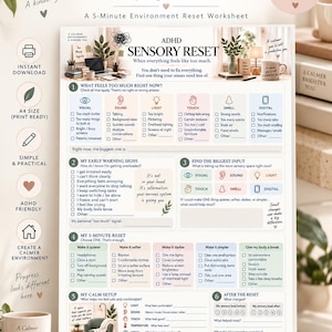Puede incluir: Una hoja de trabajo imprimible ADHD Sensory Reset con seis secciones para la gestión sensorial. El documento incluye listas de verificación para entradas visuales, sonoras, de luz, táctiles, olfativas y digitales, además de estrategias.