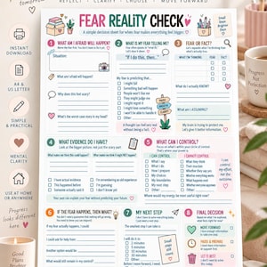 Könnte beinhalten: Ein weißes, druckbares Entscheidungsblatt mit dem Titel FEAR REALITY CHECK mit acht nummerierten Abschnitten zur mentalen Reflexion. Das Dokument enthält pastellfarbene rosa, blaue und grüne Akzente, Kontrollkästchen und Aufforderungen.