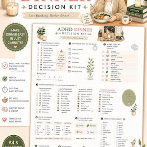 ADHD-middagsbeslutskit | Måltidsplanerare för exekutiva funktioner (A4 och US Letter PDF)
