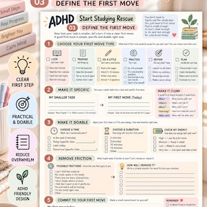 May include: A multi-coloured ADHD study guide worksheet titled Start Studying Rescue 03 Define the First Move. The document features numbered sections with checkboxes for task management, including choosing move types, setting specific goals, and removing friction.