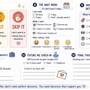 May include: A white planner page featuring sections labeled 5 Final Decision, 8 The Wait Menu, 9 Impulse Purchase Detector, 10 Money Check, 11 Future Me Check-in, and 12 Final Thoughts. The layout includes checkboxes, emoji icons, and text prompts.