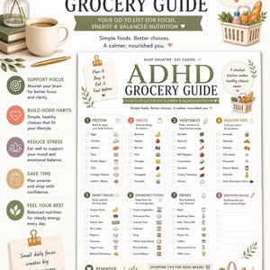 May include: A printable ADHD Grocery Guide featuring a categorized checklist for protein, fruits, vegetables, healthy fats, smart snacks, emergency foods, and drinks. The document includes shopping tips, notes, and text titled ADHD GROCERY GUIDE.