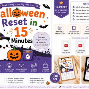 Puede incluir: Un planificador digital de cuidado personal con temática de Halloween titulado Halloween Reset in 15 Minutes. El gráfico muestra un fantasma con sombrero de bruja, una calabaza y una taza. Incluye secciones para planes, listas y seguimiento.
