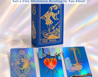 Blue Holographic Tarot Deck Set | Iridescent Classic 78 Cards Tarot with Guidebook & Altar Cloth | Beginner Friendly Blue Laser Tarot Set