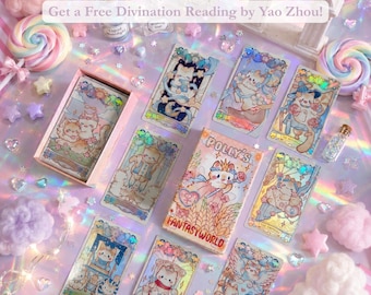 Polly Cat Fantasyworld Tarot Deck | Cute Kawaii Cat Tarot Cards | Pink Gilded Edges Indie Tarot with Guidebook & Pouch | 78 Cards Luxury Set