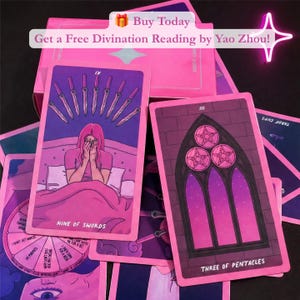 May include: A deck of tarot cards featuring a pink and purple colour palette. The Nine of Swords card shows a person sitting in bed with nine swords above them. The Three of Pentacles card displays a stone archway with three pentacles. Text includes Buy Today, Get a Free Divination Reading by Yao Zhou!, Nine of Swords, and Three of Pentacles.