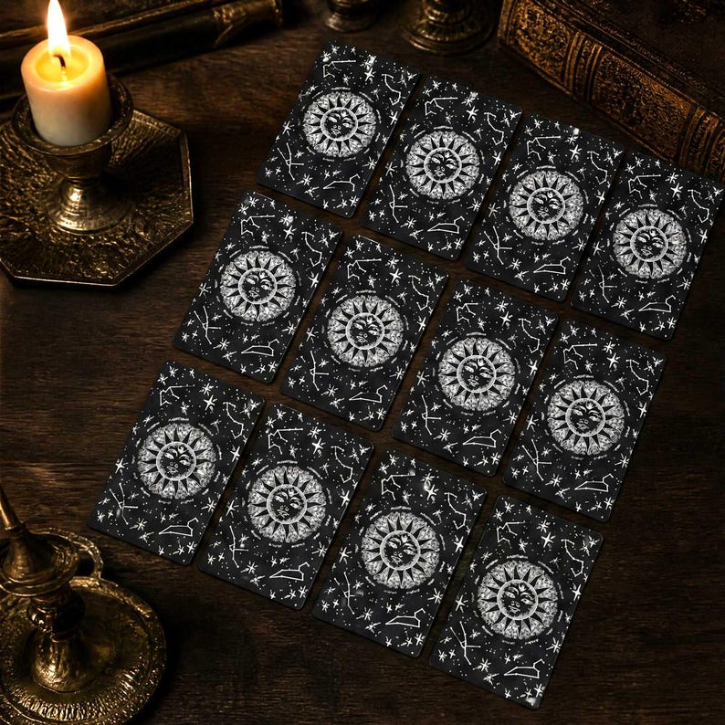May include: A set of eleven rectangular tarot cards arranged in a grid, each featuring a black background with a white celestial sun illustration surrounded by stars and constellations. A lit candle in a brass holder sits to the left of the cards.