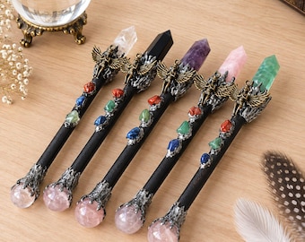 Natural Crystal Witch Wand | 9.5" Handcrafted Magic Wand for Rituals & Halloween | Amethyst Obsidian Quartz Altar Tool | 6 Mystical Styles