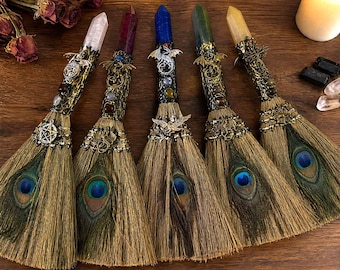 Witch Magic Crystal Broom | Besom Altar Tool for Cleansing | Halloween Witchy Decor | Clear Quartz & Rose Quartz Ritual Wand