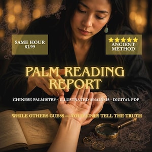 Può includere: Un rapporto digitale di lettura della mano con il testo PALM READING REPORT, CHINESE PALMISTRY, ILLUSTRATED ANALYSIS, DIGITAL PDF e WHILE OTHERS GUESS — YOUR LINES TELL THE TRUTH, accanto a un libro aperto con diagrammi e una lente.