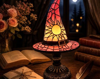 Witch Hat Table Lamp | Halloween Decorative Accent Light | Tiffany Style Resin Night Light | Gothic Desk Decor | Mystical Altar Light