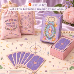 May include: A tarot deck set featuring a purple box with a central figure, a matching pink storage pouch with the text "pastel Pixel", and a light-colored cloth mat decorated with celestial symbols and scattered tarot cards with purple backs.