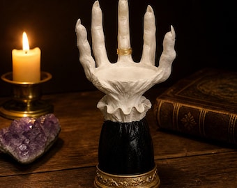 Witch’s Hand Candle Holder | Spooky Halloween Altar Tray | Gothic Hand Sculpture for Crystals & Rings | Horror Decor