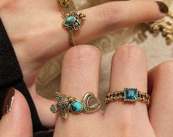 Vintage Fleur-de-lis Ring Set | Antique Turquoise Stacking Rings | 6 Styles Wearable Enchantments | Adjustable Medieval Gold Ring