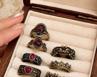 Royal Palace Vintage Ring Set | 7 Piece Adjustable Stacking Rings | Baroque Crimson Rose & Heart Rings | Gothic Jewelry Gift