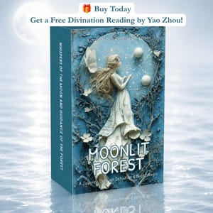 May include: A rectangular deck box titled Moonlit Forest: A Journey Through Intuition & Night Magic, illustrated by Darren T. Ellison. The blue cover features a white figure, butterflies, and celestial spheres against a textured forest background.
