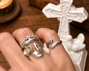 Antique Silver Angel Ring Set | Vintage Old Money Aesthetic Rings | Adjustable Gothic Mask & Crown Ring | Maple Leaf Relic Jewelry