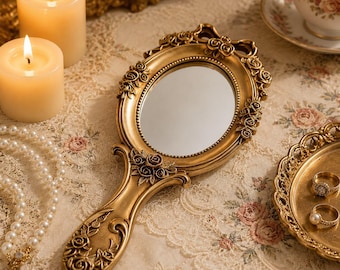 Vintage Baroque Handheld Mirror | Ornate Rose Relief Hand Mirror | Witchy Vanity Decor | Victorian Style Hand Mirror | 5 Mystical Colors