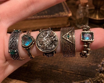Vintage Witchy Ring Set | 5 Piece Adjustable Stacking Rings | Blue Zircon Goddess Rings | Wearable Enchantments | Boho Gothic Jewelry