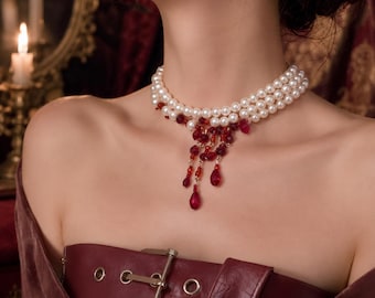 Gothic Blood Drip Pearl Choker | Halloween Vampire Witchy Necklace | Victorian 3-Row Pearl Collar | Red Blood Drop Jewelry