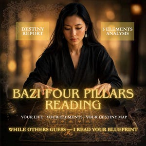 May include: A Bazi Four Pillars reading service featuring a dark mat with grid lines and Chinese characters. Text includes Destiny Report, 5 Elements Analysis, Your Life, Your Elements, Your Destiny Map, and While Others Guess I Read Your Blueprint.