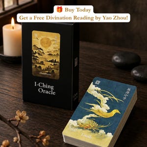 May include: A black I-Ching Oracle card deck box featuring a gold landscape illustration labeled Happiness, alongside a deck of cards displaying a blue and gold bird illustration labeled Truth with the text Buy Today Get a Free Divination Reading.