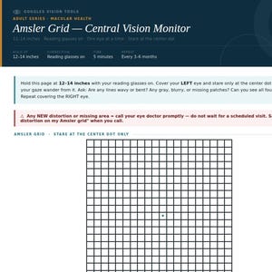 May include: An Amsler Grid central vision monitor chart with a black grid on a white background. It includes instructions to hold at 12-14 inches, wear reading glasses, and stare at the center dot. A results table tracks right and left eye vision.