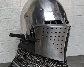German Bascinet Helmet with Split Visor | Handmade 14th-15th Century Medieval Knight Helmet (14-gauge)