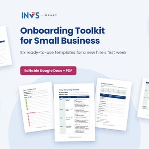 Op de afbeelding: Een onboarding-toolkit voor kleine bedrijven met zes kant-en-klare sjablonen voor de eerste week van een nieuwe medewerker. De set bevat een 7-daagse onboarding-checklist, evaluatiecriteria en een teamstandaardenkaart in Google Docs en PDF-formaat.