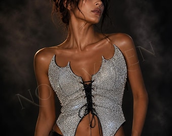 Sequin Corset Top, Strapless Lace Up Crystal Bustier, Sparkly Evening Corset, Party Birthday Look, Custom Made