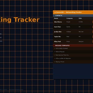May include: A digital networking tracker template on a dark grid background. The interface features an orange header titled Networking Tracker, a contact list with columns for name, company, role, follow-up, and notes, plus a message templates section.