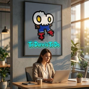 May include: A framed wall art print featuring a stylized white skull-like character with yellow eyes, wearing blue pants and red boots, positioned above the text To Dare is To Do in a bright cyan font against a solid gray background.