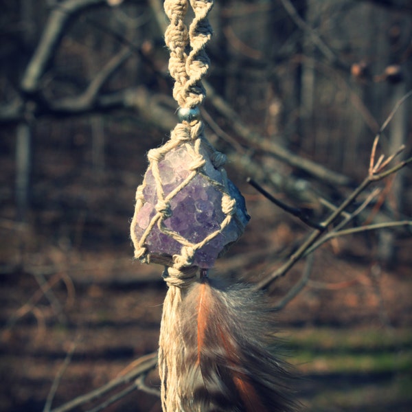 Amethyst Crystal Hemp Wrap Necklace Rooster Feather Pendant Sterling Silver Beads Heart Chakra Love Hippie Gypsy Pixie Festival