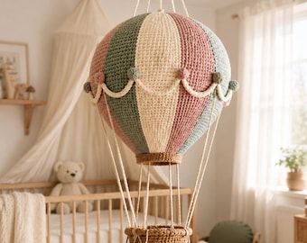 Patrón de móvil de globo aerostático a crochet, tutorial de amigurumi para decoración de guardería (descarga en PDF)