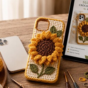 May include: A crochet phone case featuring a large, textured 3D sunflower with a dark brown center and yellow petals on a cream background, accompanied by a tablet displaying a pattern titled Sunflower Crochet Phone Case Pattern.