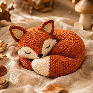 Könnte beinhalten: Ein gehäkeltes Fuchskuscheltier in zusammengerollter Schlafposition, bestehend aus rostorangem Garn für Körper und Kopf, mit cremefarbenen Akzenten an Ohren, Gesicht und Schwanzspitze. Der Fuchs hat gestickte geschlossene Augen und eine kleine schwarze Nase.
