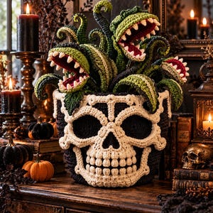 May include: A crocheted black planter shaped like a human skull with cream-coloured bone details, containing several green and dark green crocheted carnivorous plants with open mouths, white pointed teeth, and deep red interiors.