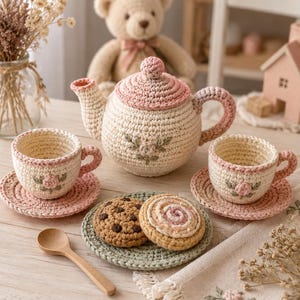 Può includere: Un set da tè all'uncinetto composto da una teiera color crema con coperchio e manico rosa, due tazze abbinate su piattini e un piattino verde con due biscotti all'uncinetto. Ogni pezzo è decorato con piccoli dettagli floreali ricamati.
